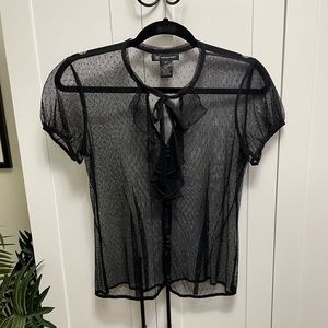 INC International Concepts Sheer Black Swiss Dot Tie Blouse M